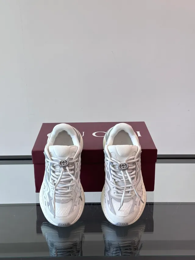 White Gray Midsole Layered Mesh-and-Synthetic Upper Chunky Sneakers 4