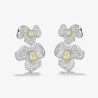 White Yellow Floral Motif Pavé-Set Earrings