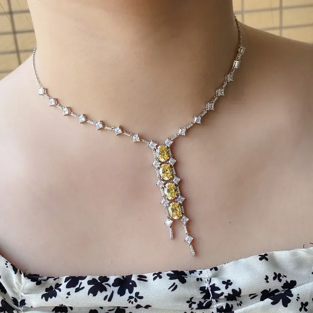 Yellow Oval Gemstone and Clear Stone Cascade Necklace 4
