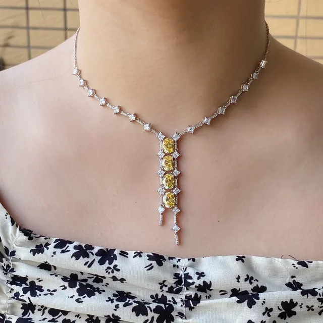 Yellow Oval Gemstone and Clear Stone Cascade Necklace 5
