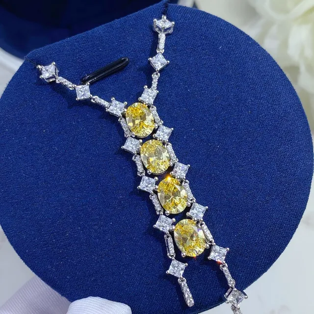 Yellow Oval Gemstone and Clear Stone Cascade Necklace 6