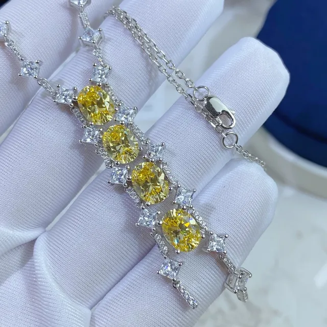 Yellow Oval Gemstone and Clear Stone Cascade Necklace 8