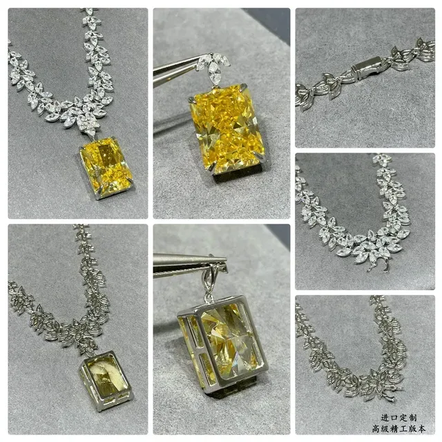 Yellow Silver Leaf-Motif Chain Rectangular Radiant-Cut Gemstone Necklace 2