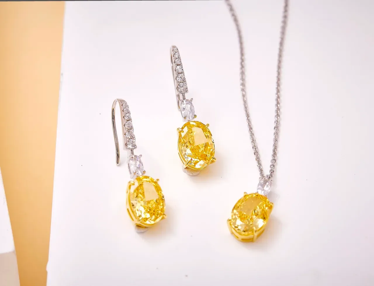 Yellow Silver Oval-Cut Gemstone Marquise Clear Accent Necklace 4