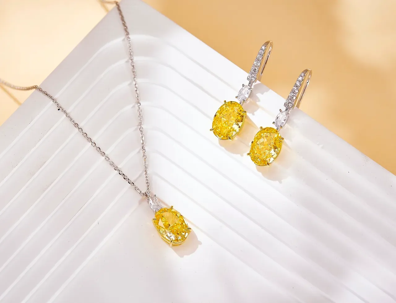 Yellow Silver Oval-Cut Gemstone Marquise Clear Accent Necklace 6