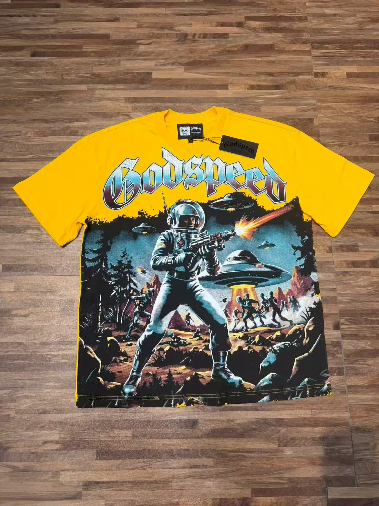 Godspeed Astronaut UFO Battle Graphic Yellow T-Shirt 2
