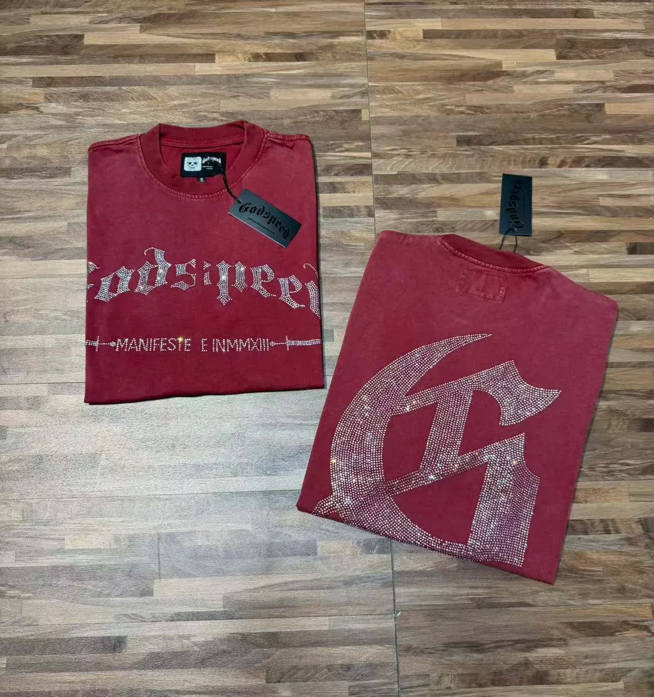 Godspeed Graphic Tee Black Silver Distressed Denim-Like Fabric Rhinestone-Embellished Gothic Typography T-Shirt 2