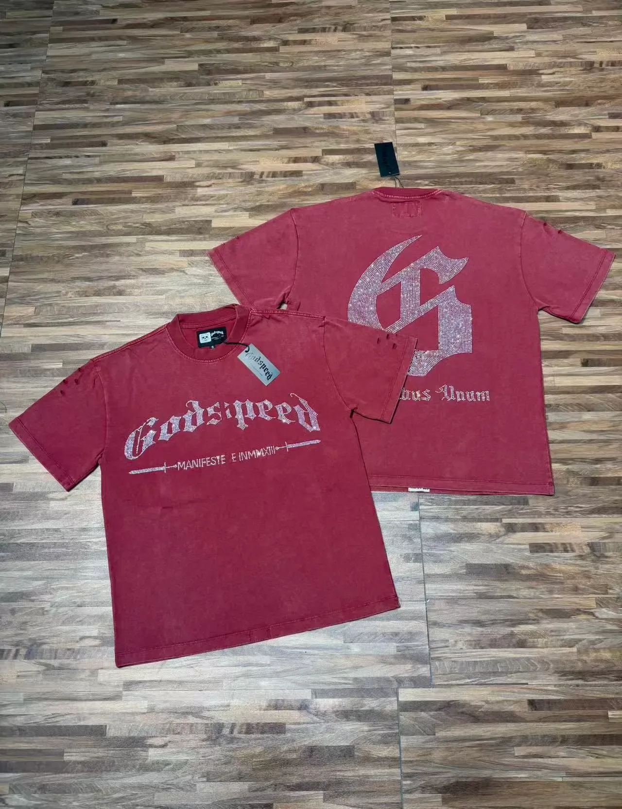 Godspeed Graphic Tee Black Silver Distressed Denim-Like Fabric Rhinestone-Embellished Gothic Typography T-Shirt 3