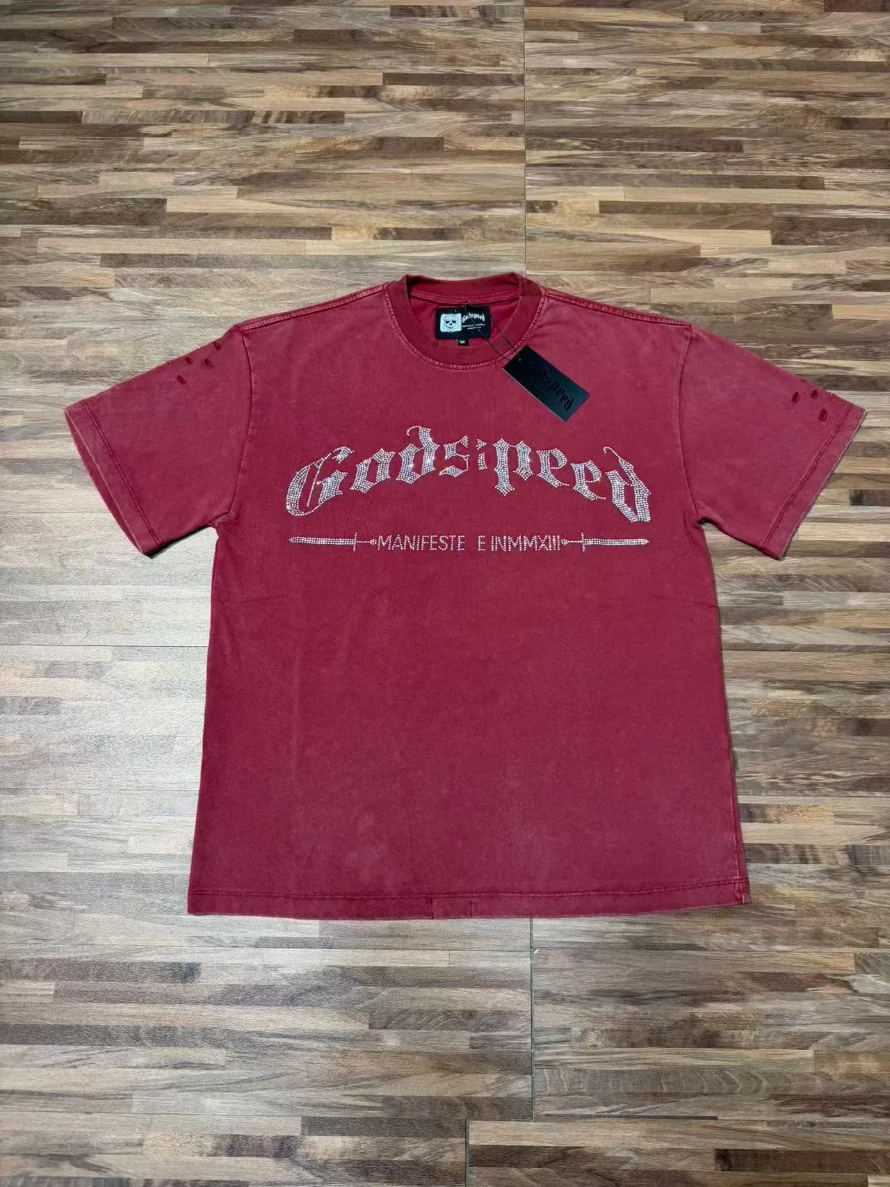 Godspeed Graphic Tee Black Silver Distressed Denim-Like Fabric Rhinestone-Embellished Gothic Typography T-Shirt 4