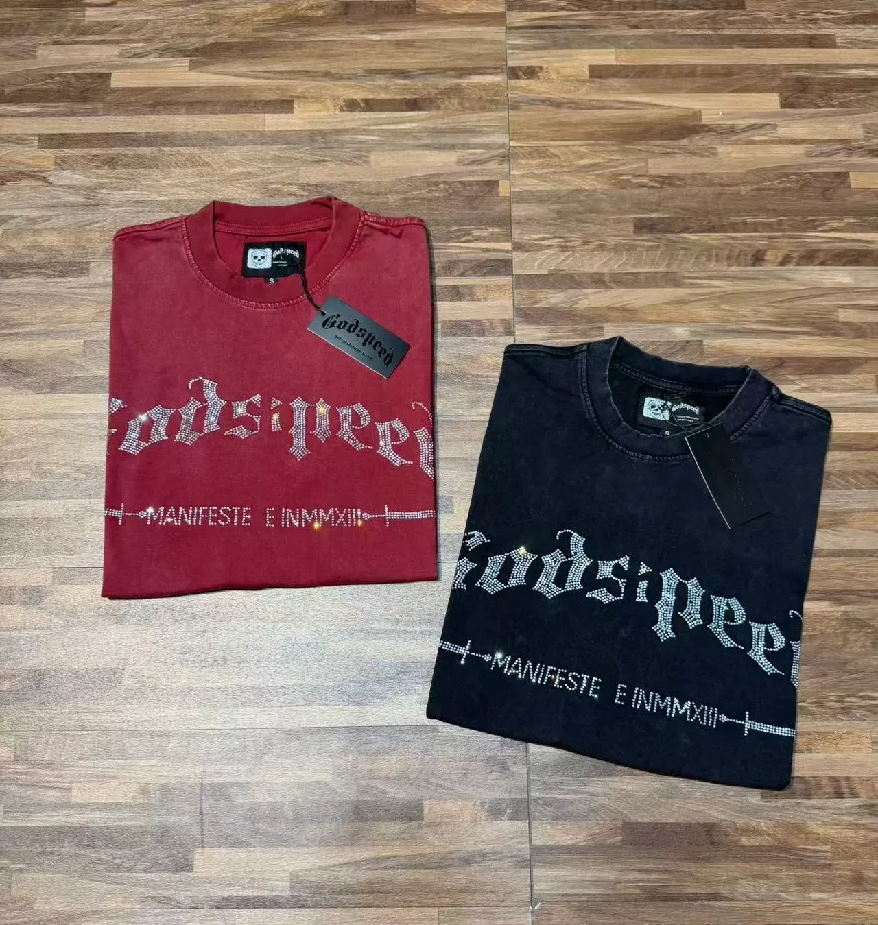 Godspeed Graphic Tee Black Silver Distressed Denim-Like Fabric Rhinestone-Embellished Gothic Typography T-Shirt 6