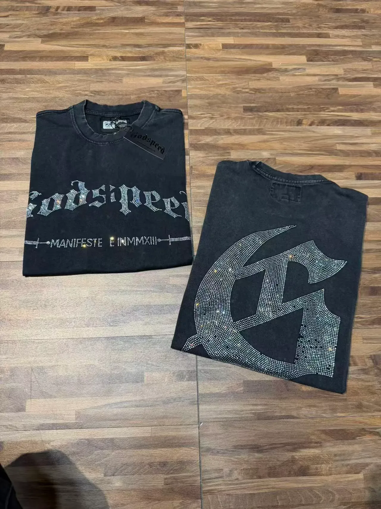 Godspeed Graphic Tee Black Silver Distressed Denim-Like Fabric Rhinestone-Embellished Gothic Typography T-Shirt 7