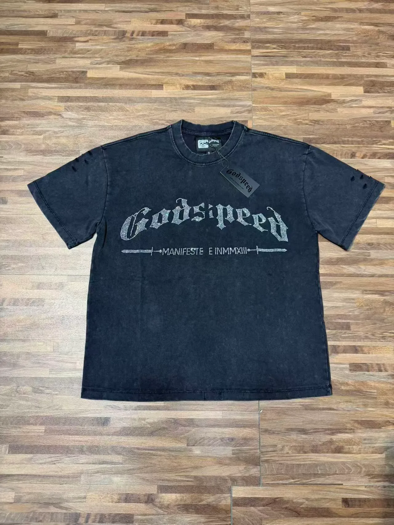 Godspeed Graphic Tee Black Silver Distressed Denim-Like Fabric Rhinestone-Embellished Gothic Typography T-Shirt 8