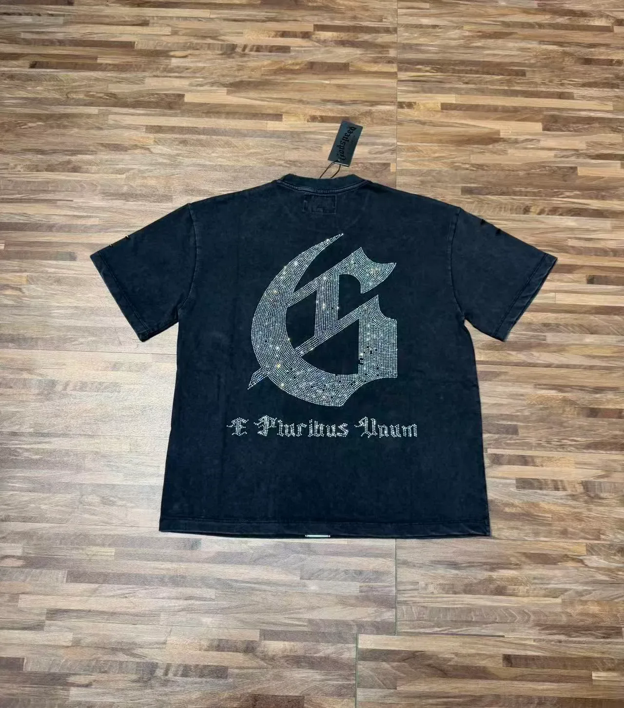Godspeed Graphic Tee Black Silver Distressed Denim-Like Fabric Rhinestone-Embellished Gothic Typography T-Shirt 9