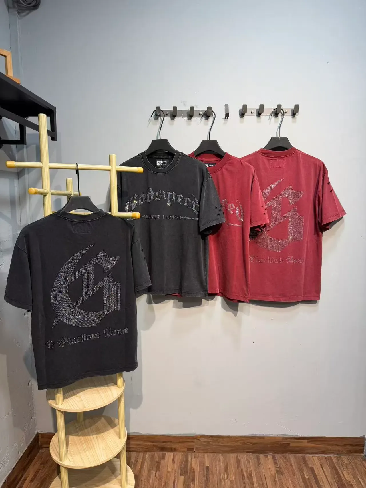 Godspeed Graphic Tee Black Silver Distressed Denim-Like Fabric Rhinestone-Embellished Gothic Typography T-Shirt 10