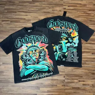 تي شيرت أسود بطباعة جرافيك Godspeed World Tour