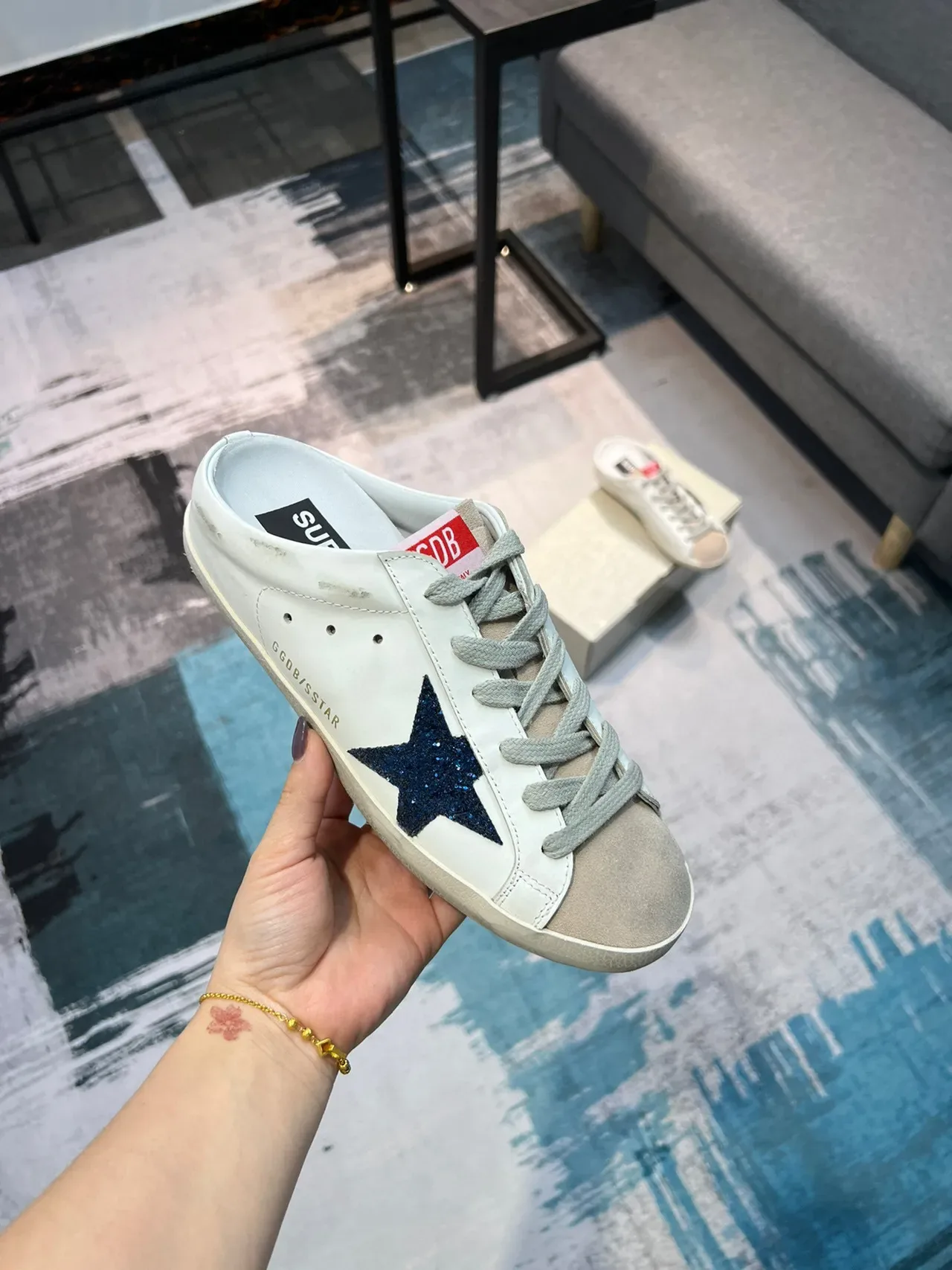 Golden Goose Super-Star Mule Distressed White Glitter Star Lifestyle Sneaker 7