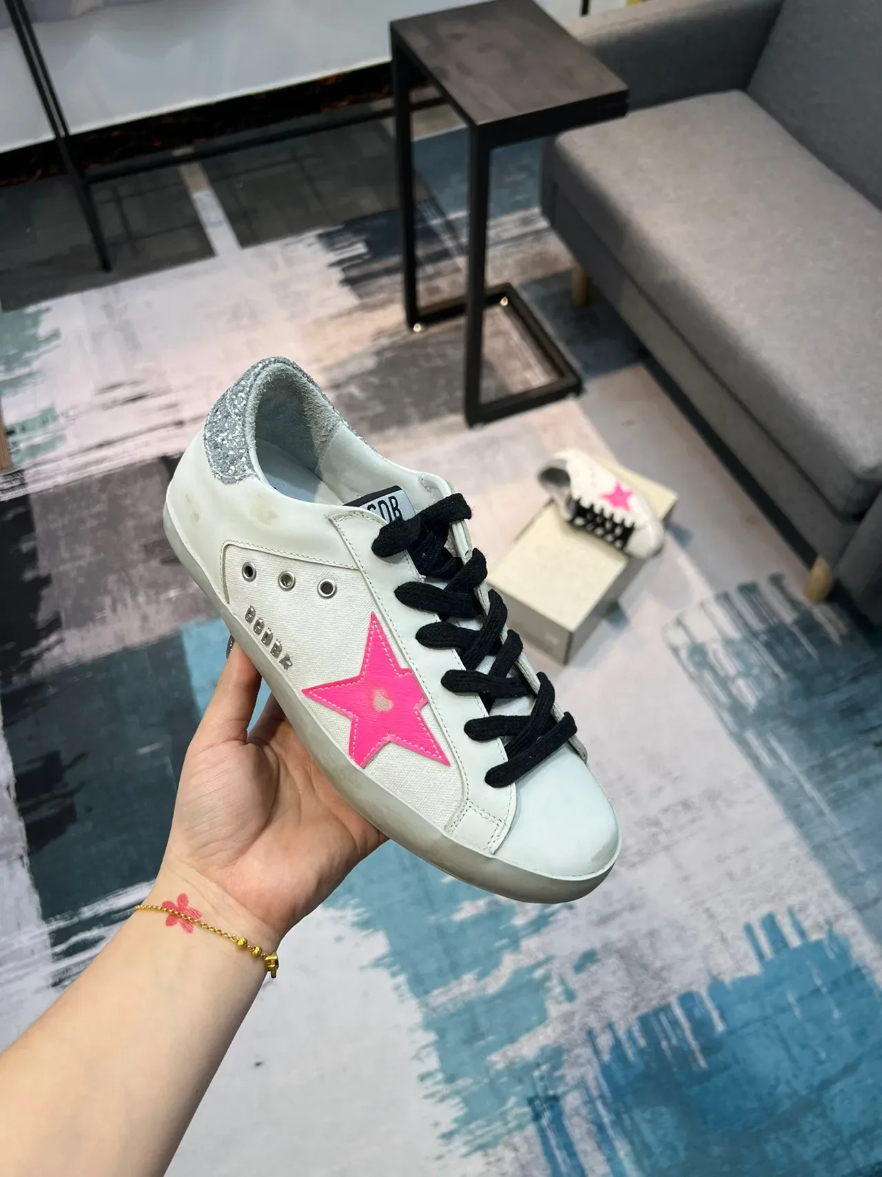 Golden Goose Superstar Pink Star مستعمل أبيض لايف ستايل سنيكرز 6