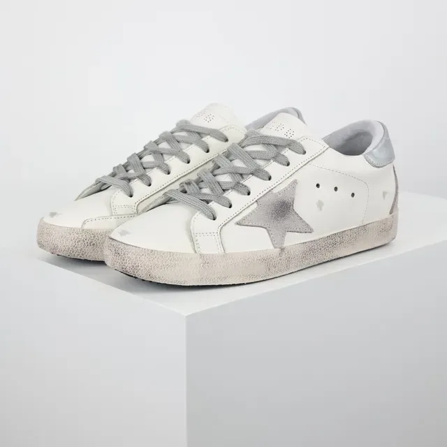 Golden Goose Superstar White and Silver Distressed Lifestyle Sneakers 2
