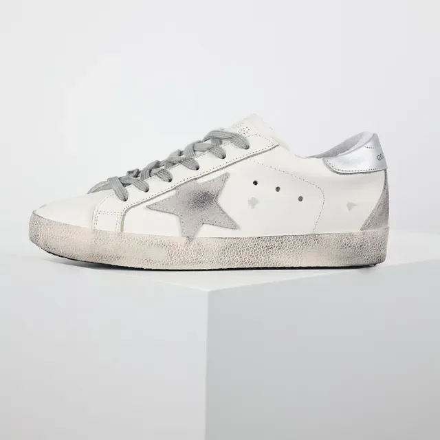 Golden Goose Superstar White and Silver Distressed Lifestyle Sneakers 9