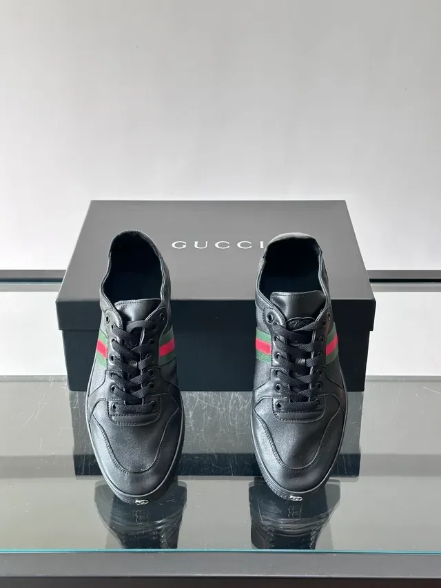 Gucci Ace Tênis Lifestyle Couro Preto Faixa Web 4