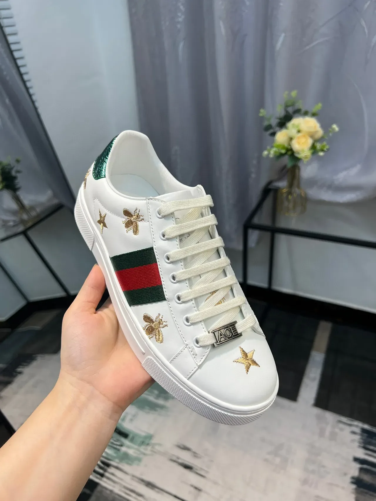 Gucci Ace Embroidered Bee and Star White Lifestyle Sneakers 6