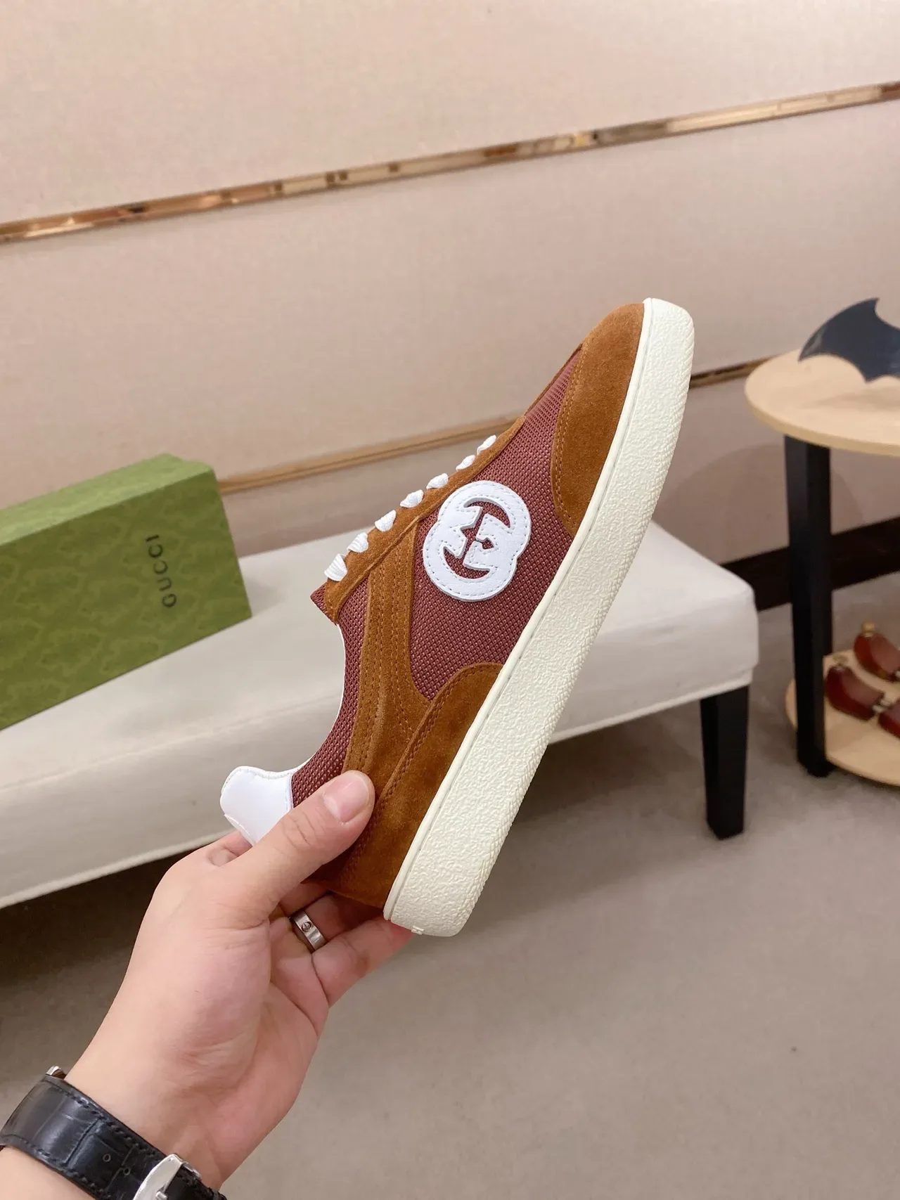 Gucci Ace Rust and Tan Suede Lifestyle Sneaker 4