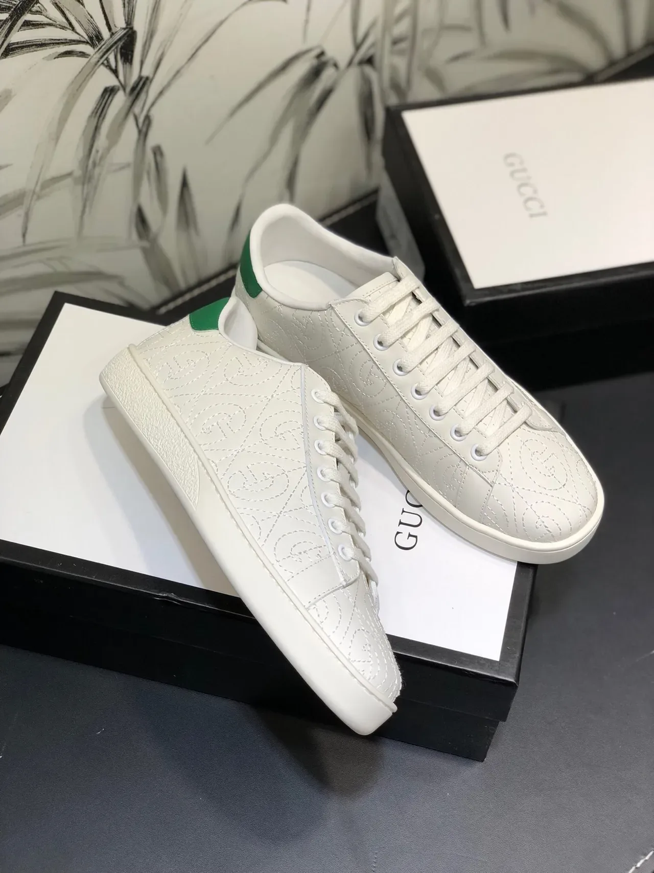 Gucci Ace Blancs et Verts Monogramme Cousu Sneakers Lifestyle 4