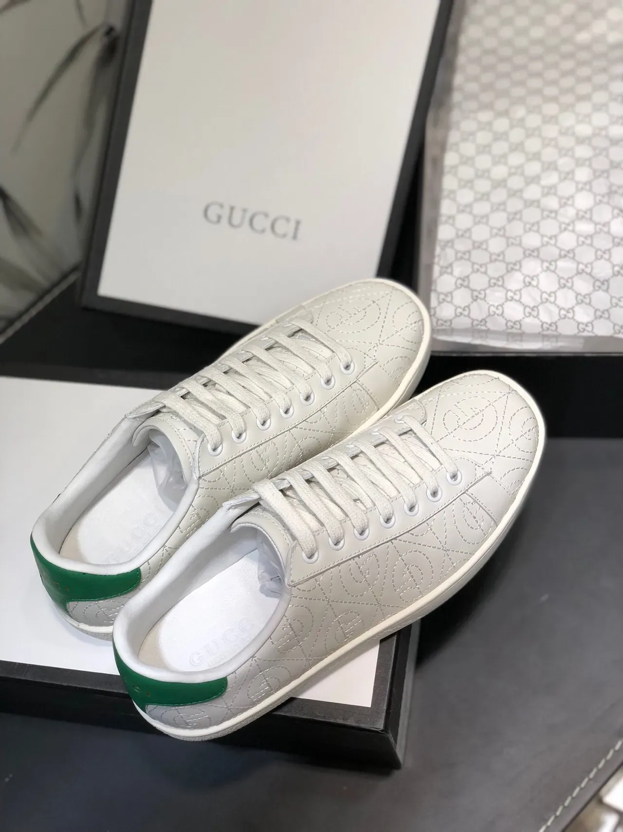 Gucci Ace Blancs et Verts Monogramme Cousu Sneakers Lifestyle 7