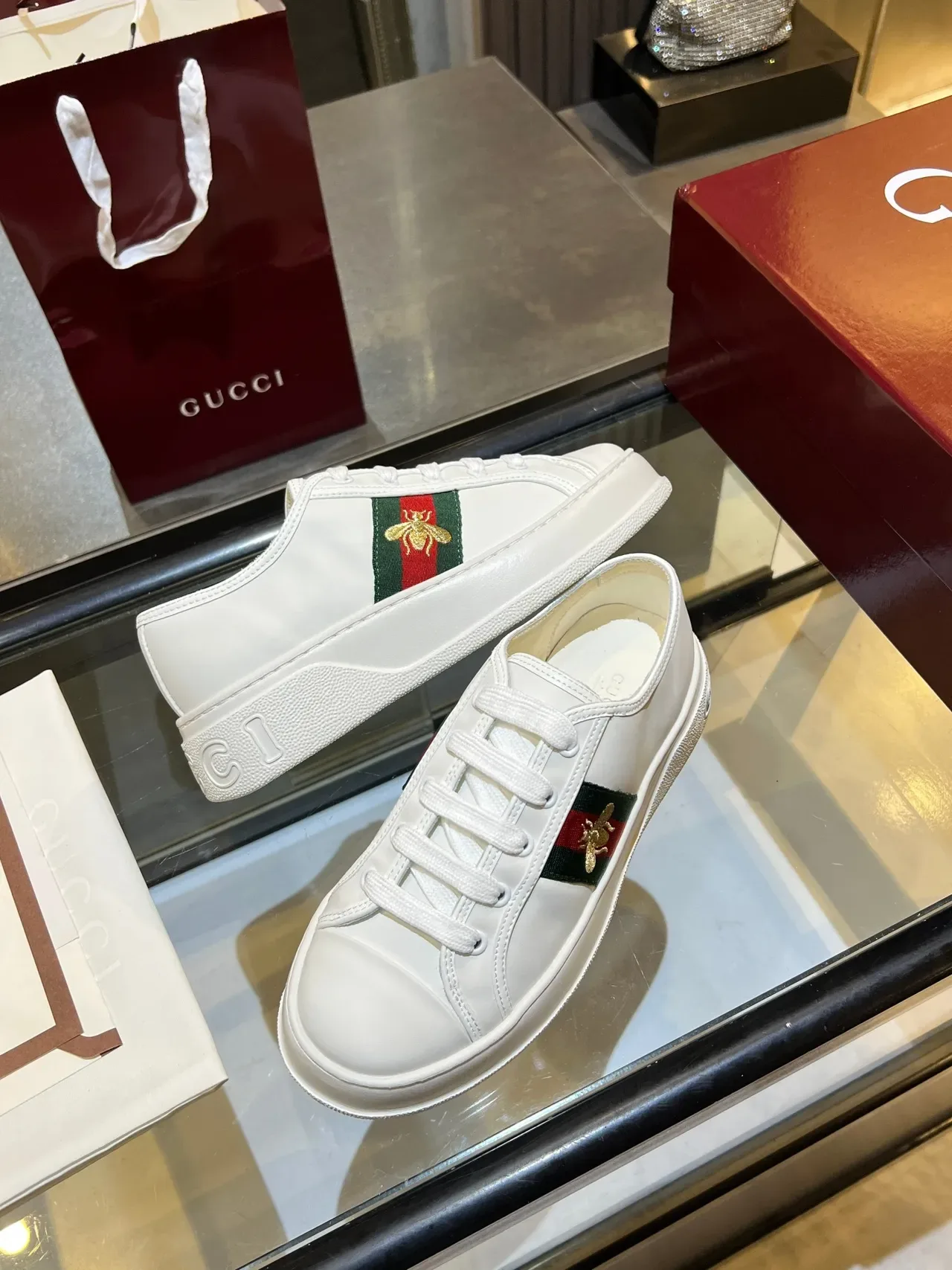 Gucci Ace White Leather Web Stripe Gold Bee Lifestyle Sneakers 3