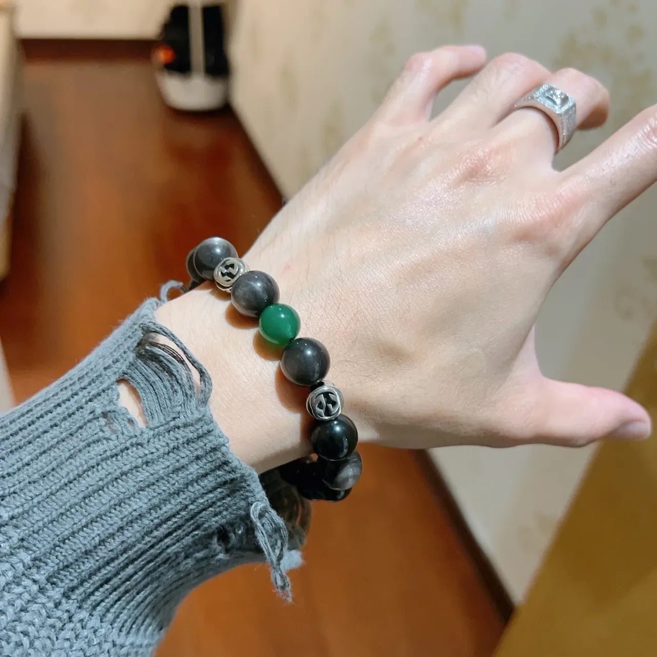 Gucci Beaded Bracelet Black Green Stretch Bracelet 2