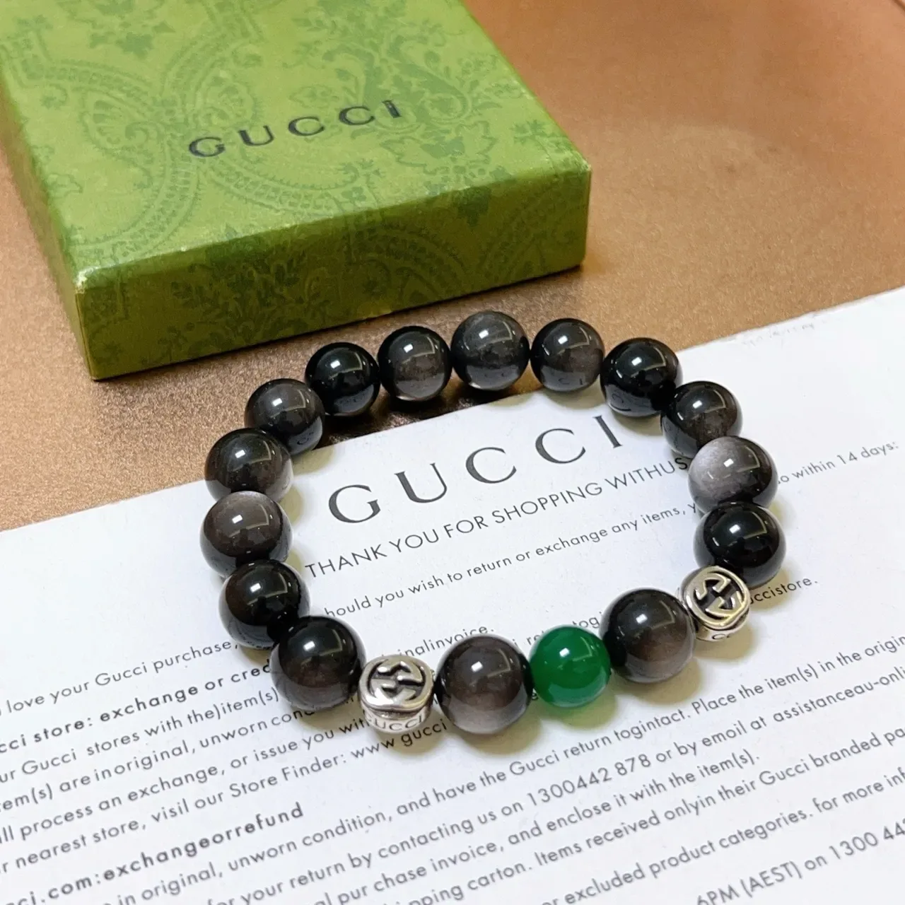 Gucci Beaded Bracelet Black Green Stretch Bracelet 3