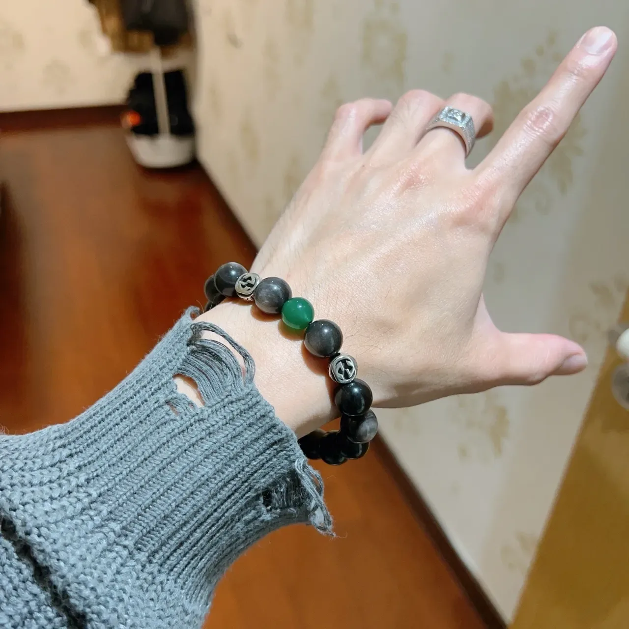 Gucci Beaded Bracelet Black Green Stretch Bracelet 5