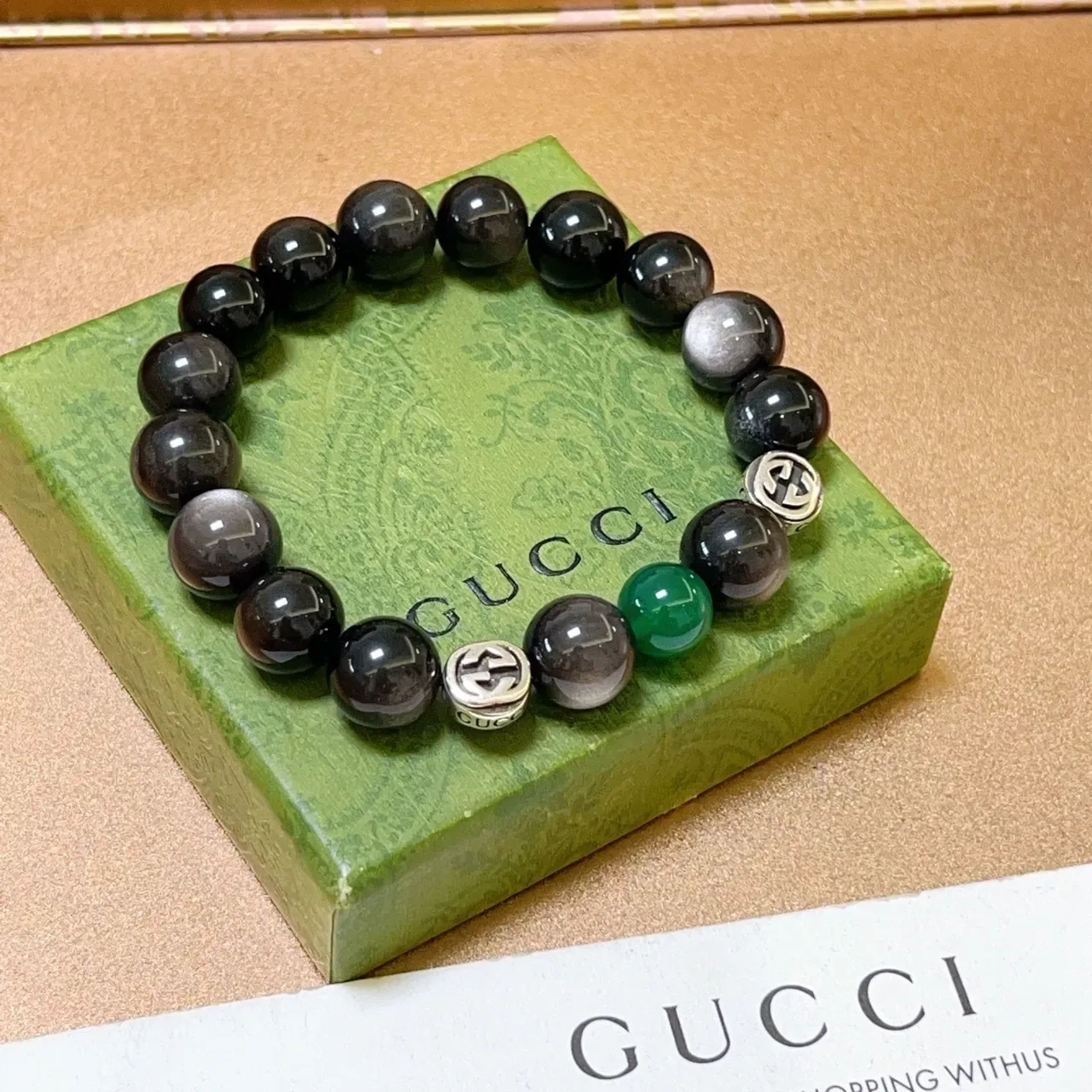 Gucci Beaded Bracelet Black Green Stretch Bracelet 7