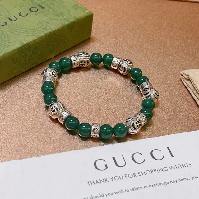 Gucci Beaded Green Agate and Silver-Tone Double-G Charm Bracelet 2