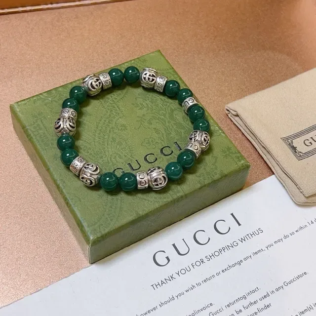 Gucci Beaded Green Agate and Silver-Tone Double-G Charm Bracelet 6