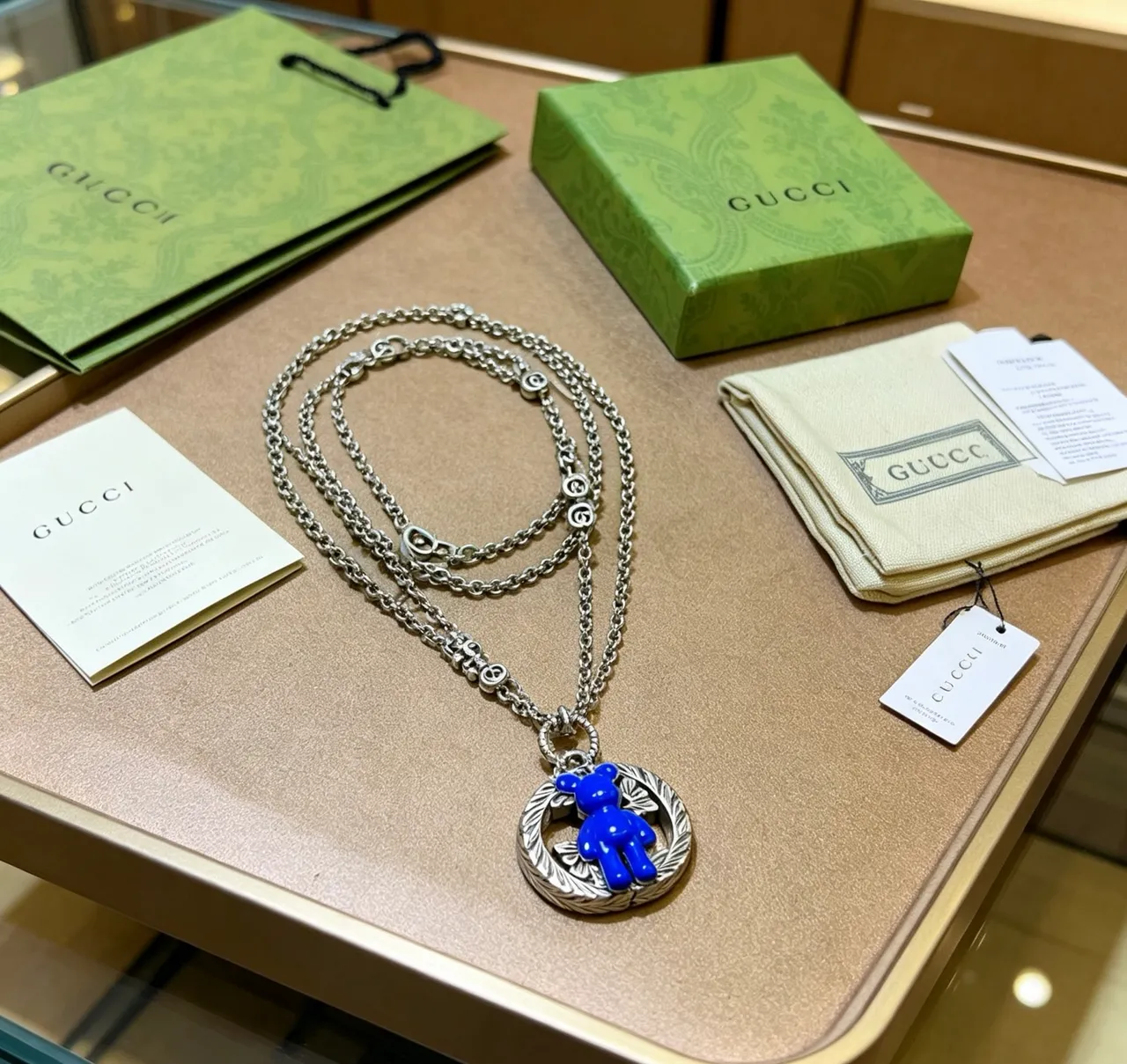 Gucci Bear Motif Blue Enamel Pendant Necklace 2
