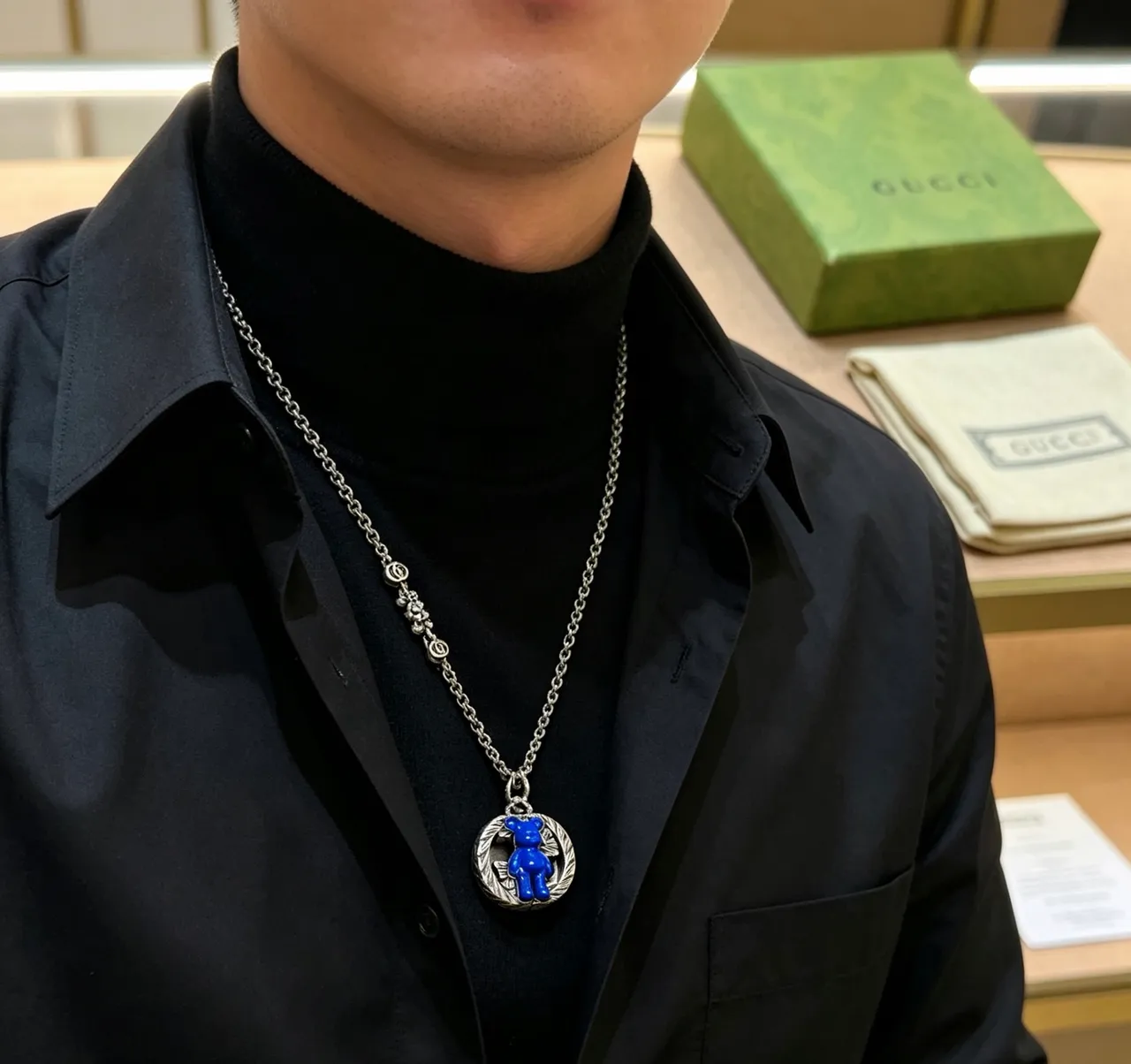 Gucci Bear Motif Blue Enamel Pendant Necklace 3