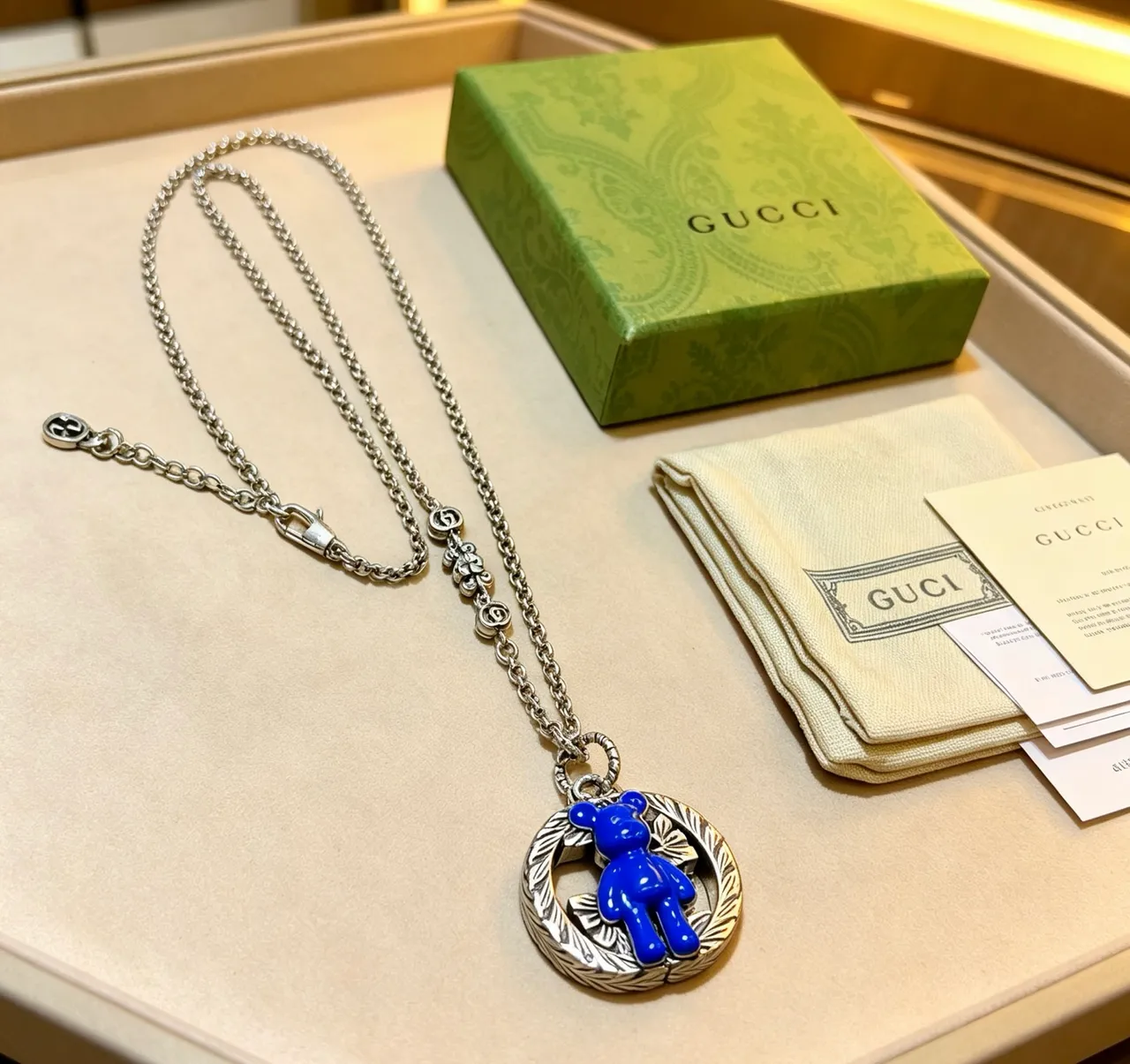 Gucci Bear Motif Blue Enamel Pendant Necklace 5