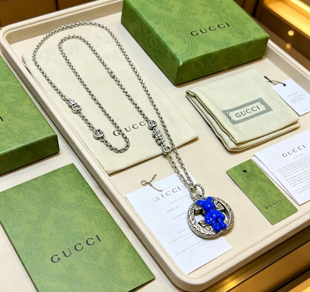 Gucci Bear Motif Blue Enamel Pendant Necklace 9