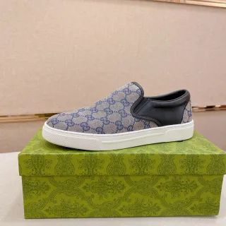 Gucci Beige Black GG Supreme Canvas Slip-On Construction Lifestyle Sneakers