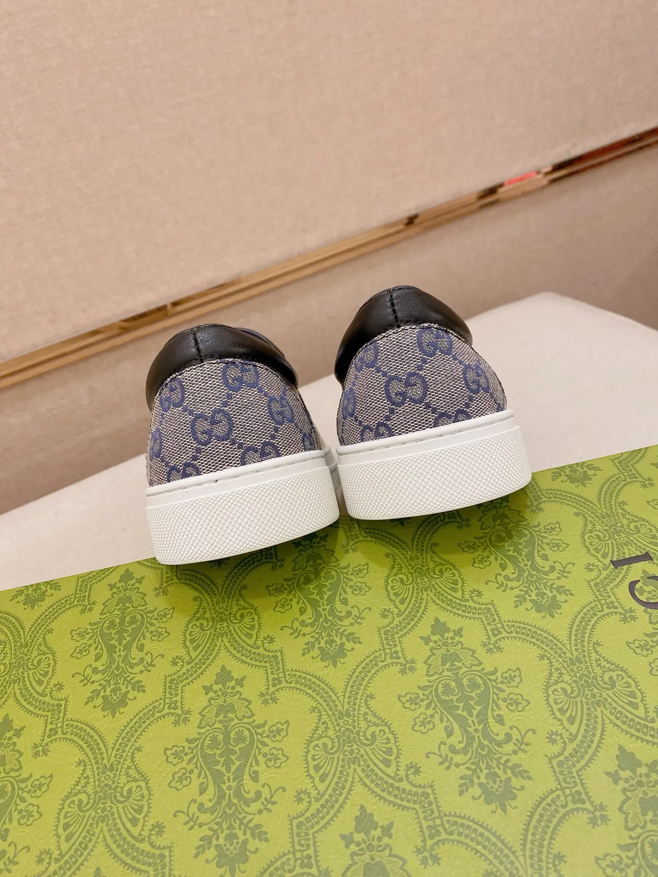 Gucci Beige Black GG Supreme Canvas Slip-On Construction Lifestyle Sneakers 3