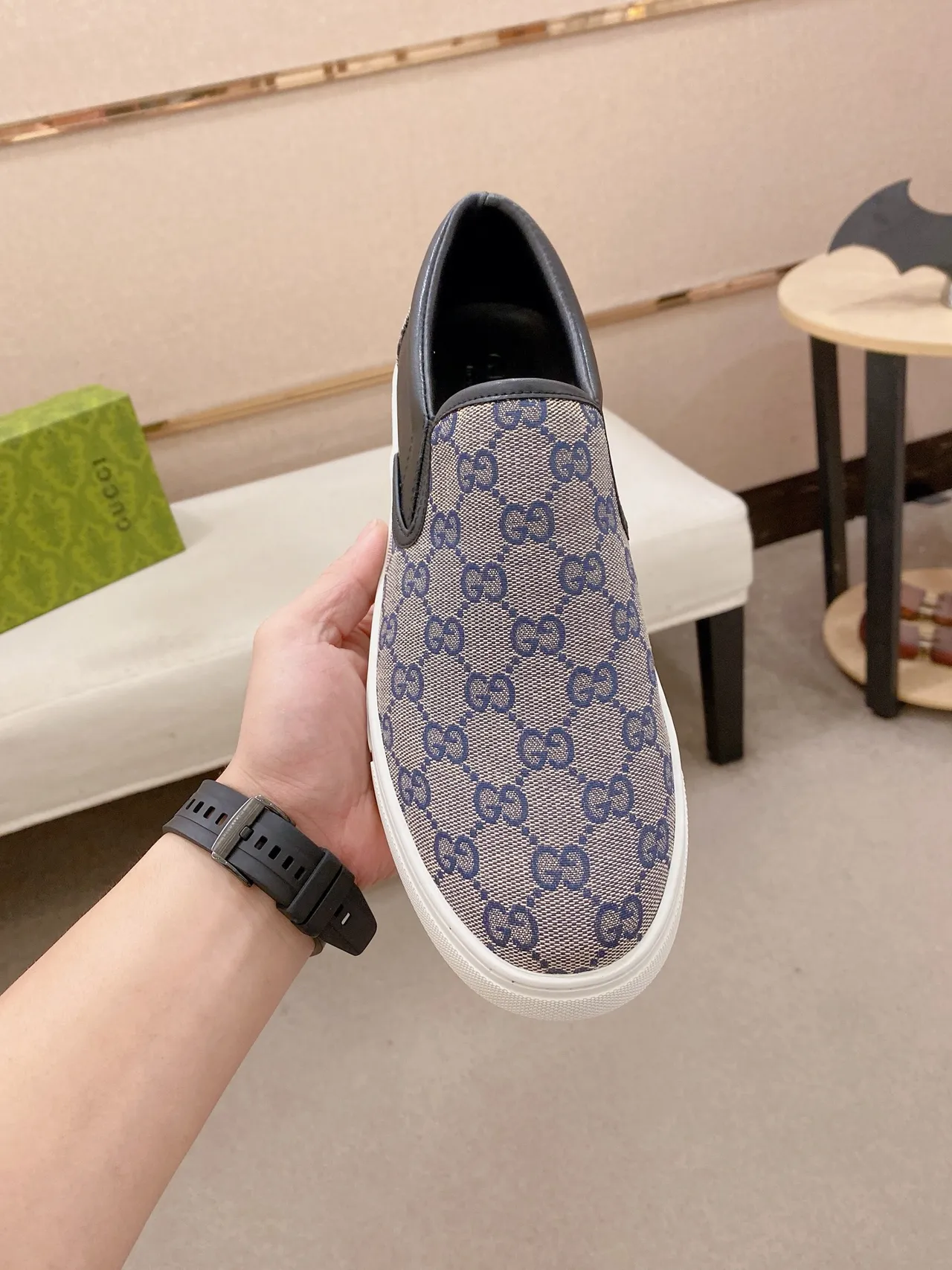 Gucci Beige Black GG Supreme Canvas Slip-On Construction Lifestyle Sneakers 5