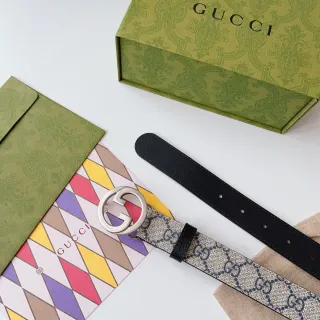 Gucci Beige Black Interlocking G Buckle GG Monogram Canvas Leather Belt