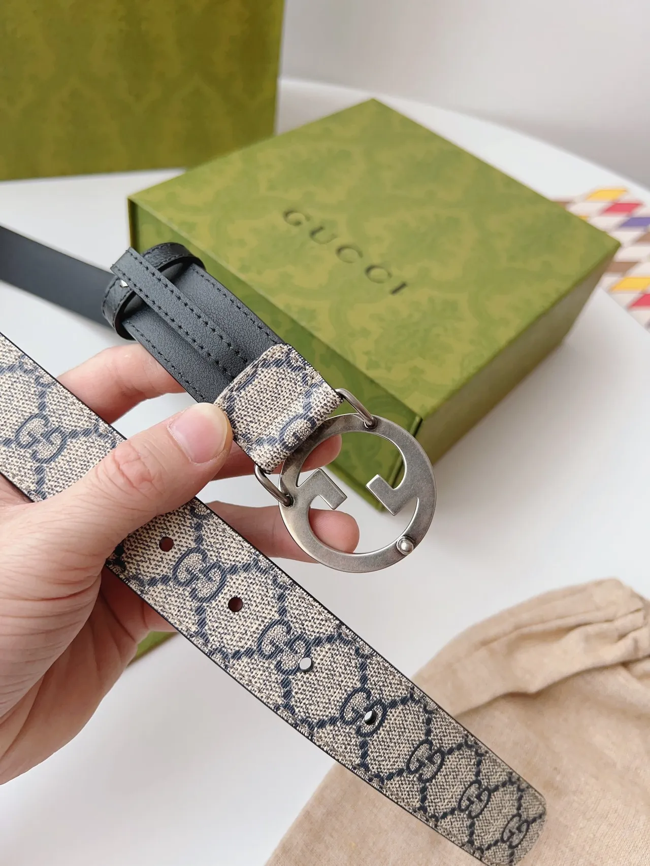 Gucci Beige Black Interlocking G Buckle GG Monogram Canvas Leather Belt 4