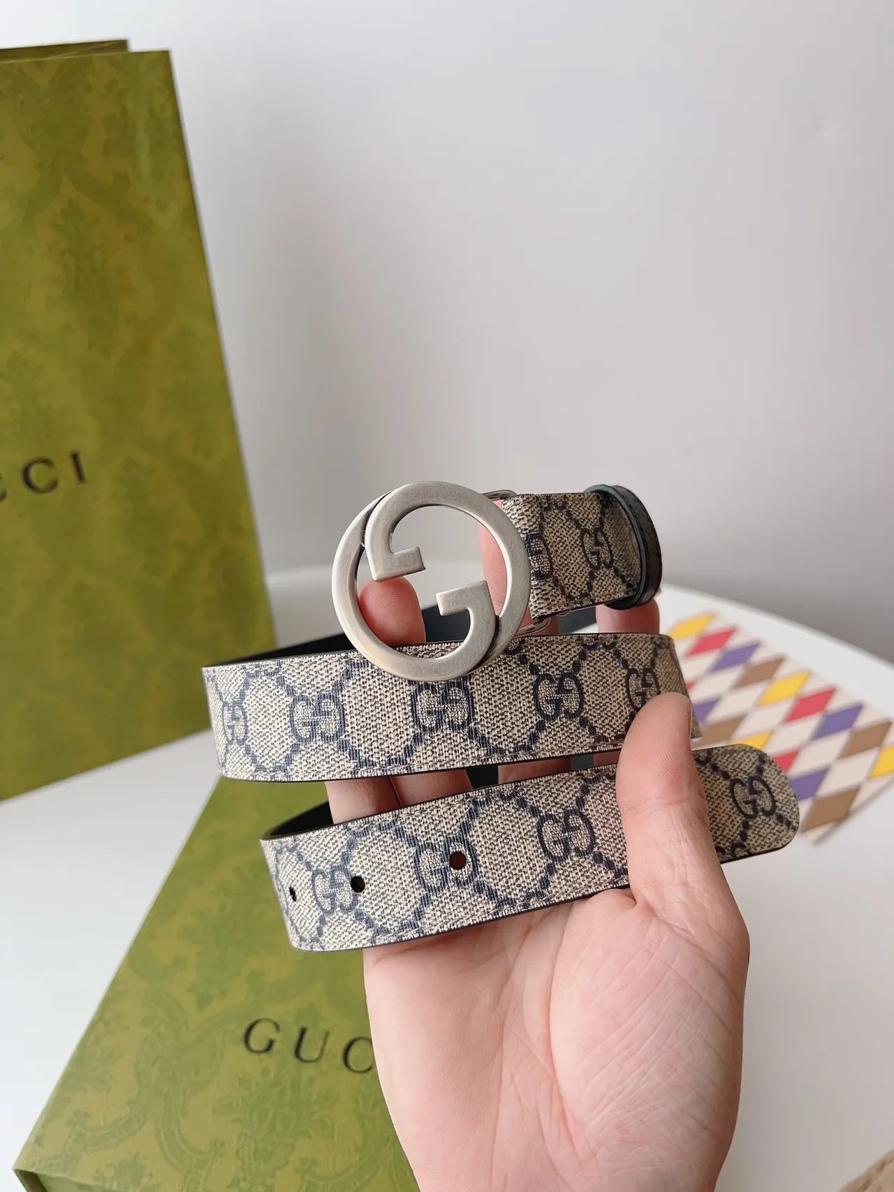Gucci Beige Black Interlocking G Buckle GG Monogram Canvas Leather Belt 9