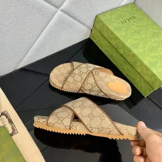 Gucci Beige Brown GG Monogram Canvas Crossed Leather Straps Slippers