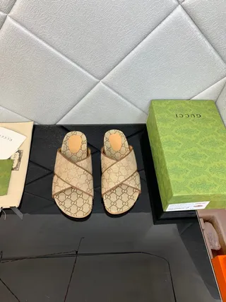 Gucci Beige Brown GG Monogram Canvas Crossed Leather Straps Slippers 2