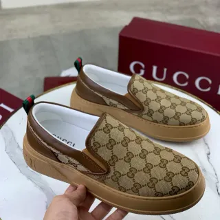 Gucci 米棕色 GG Monogram 帆布 皮革 边饰 乐福鞋