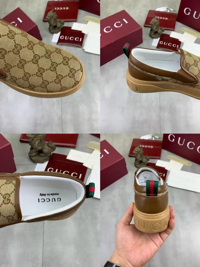 Gucci Beige Brown GG Monogram Canvas Leather Trim Loafer 2