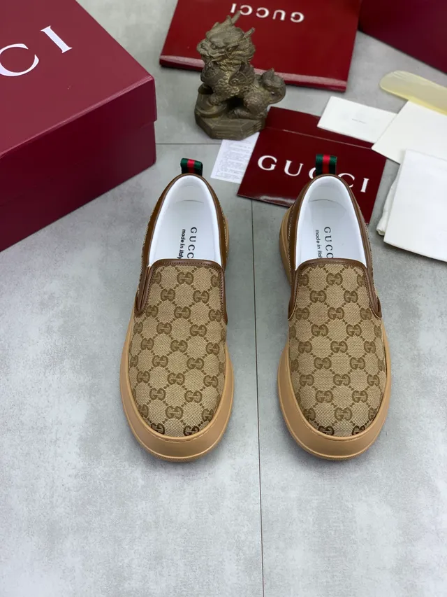 Gucci Beige Brown GG Monogram Canvas Leather Trim Loafer 4